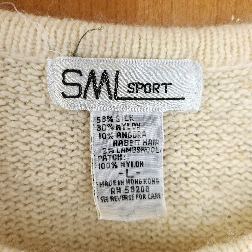 Vintage SML Silk Angora Lambs Wool LARGE Cream Sweater Beaded Flower Cottagecore